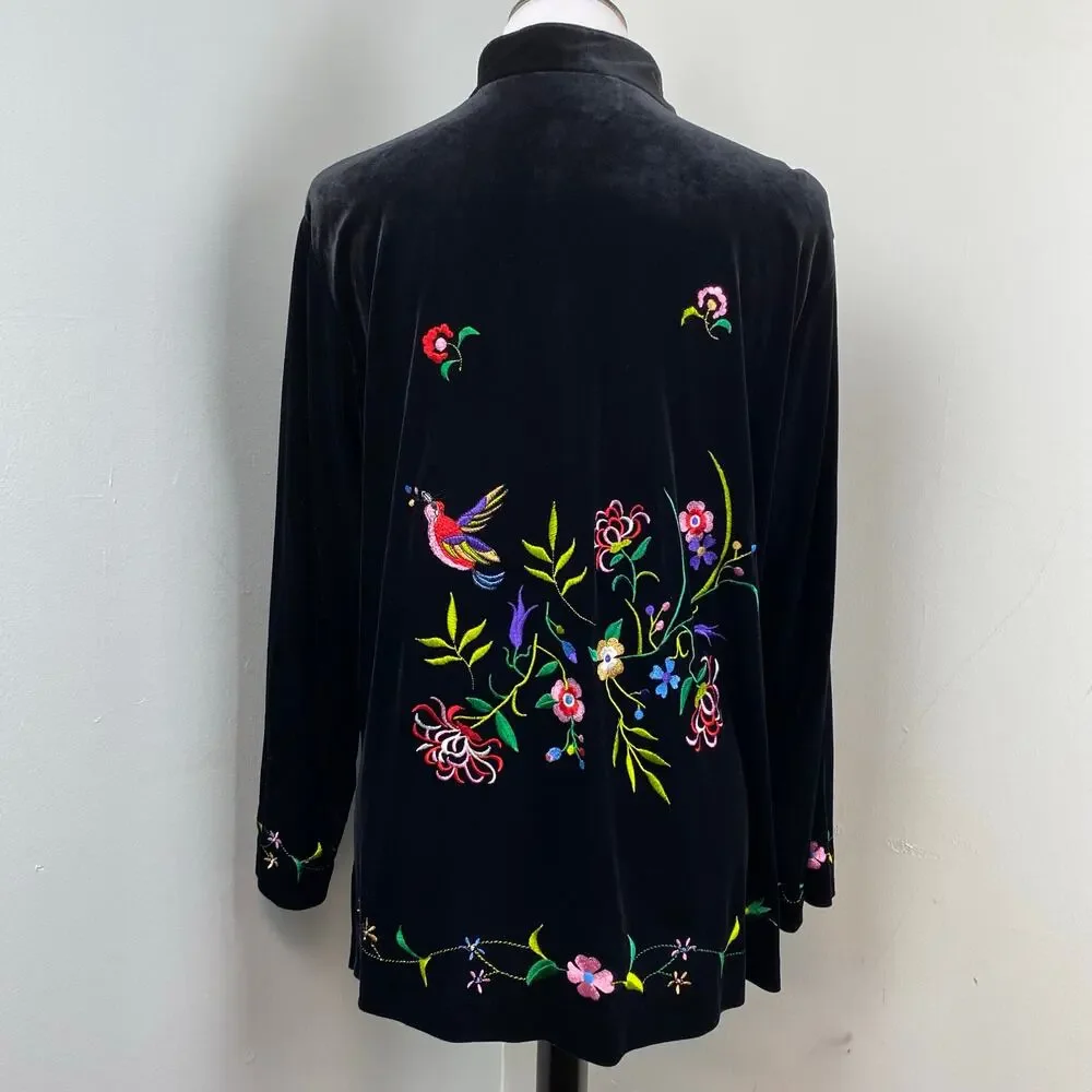 Susan Graver Black Velour Floral Embroidered Button Down Top Kimono Jacket Small - Picture 7 of 10
